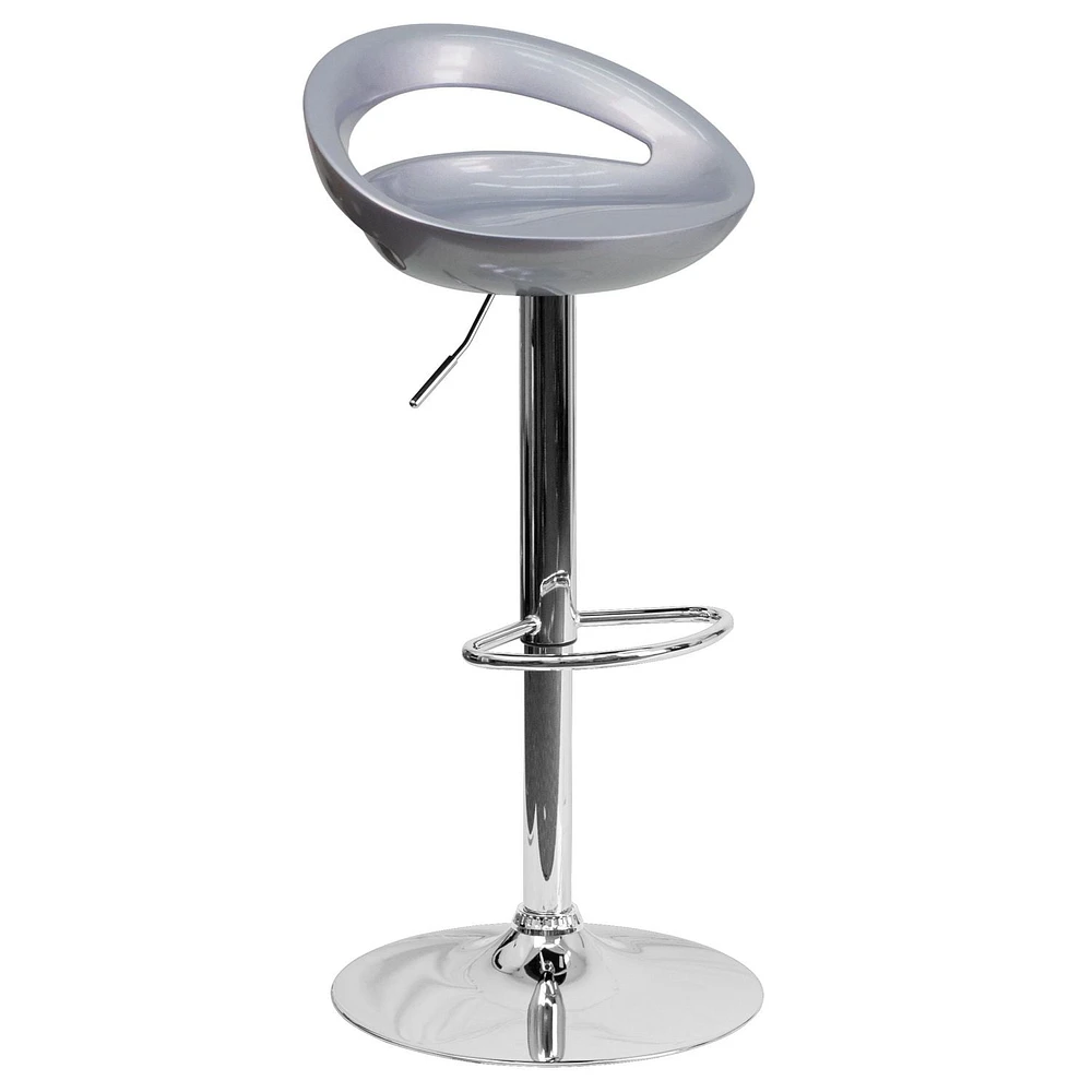 Contemporary Silver Plastic Adjustable Height Barstool with Rounded Cutout Back and Chrome Base