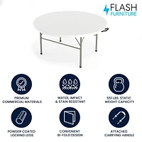 60" Round Bi-Fold Granite White Plastic Banquet and Event Folding Table with Carrying Handle