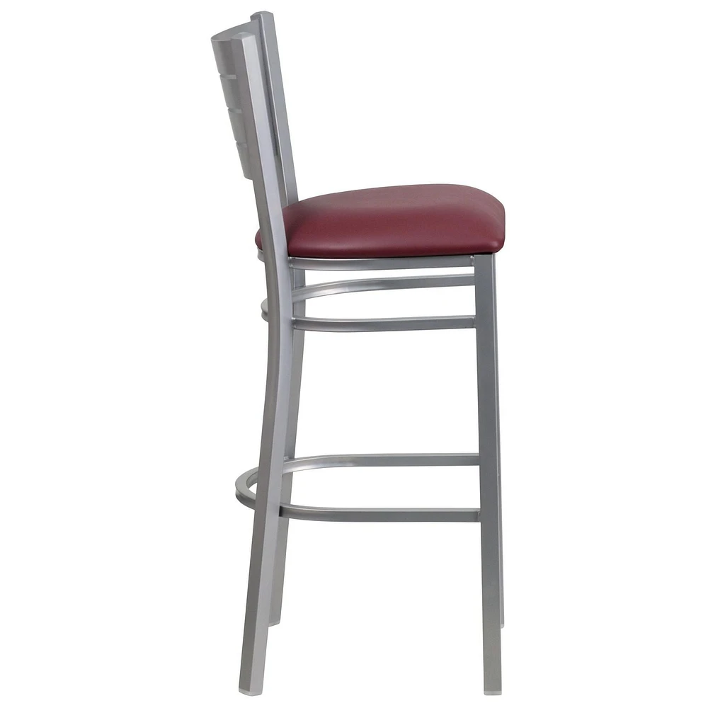 HERCULES Series Silver Slat Back Metal Restaurant Barstool - Burgundy Vinyl Seat