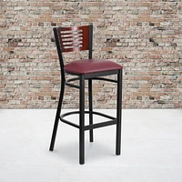 HERCULES Series Black Slat Back Metal Restaurant Barstool - Mahogany Wood Back, Burgundy Vinyl Seat