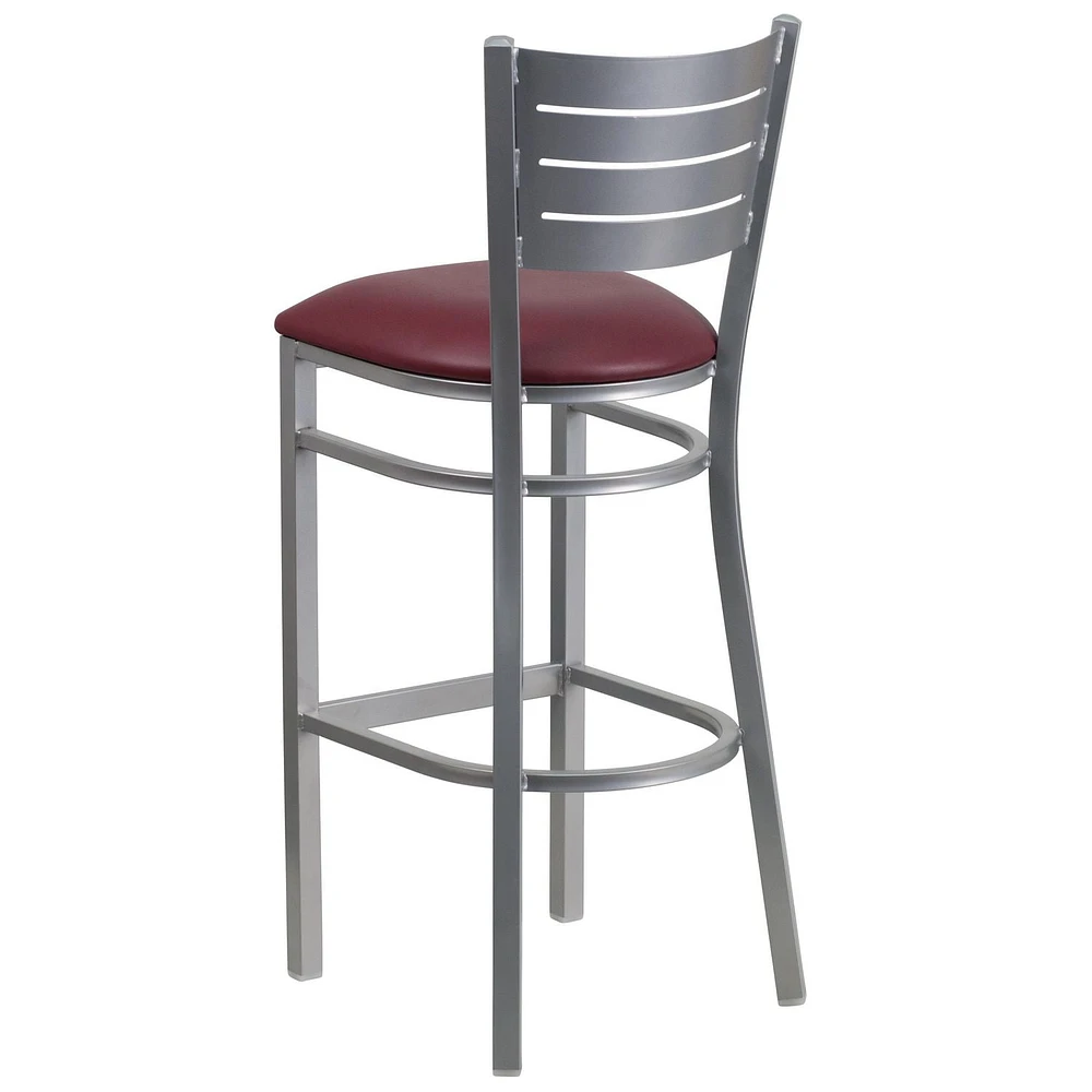 HERCULES Series Silver Slat Back Metal Restaurant Barstool - Burgundy Vinyl Seat