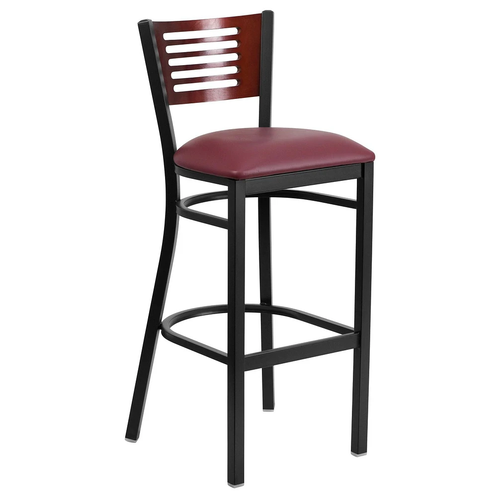 HERCULES Series Black Slat Back Metal Restaurant Barstool - Mahogany Wood Back, Burgundy Vinyl Seat