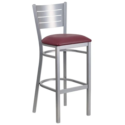 HERCULES Series Silver Slat Back Metal Restaurant Barstool - Burgundy Vinyl Seat