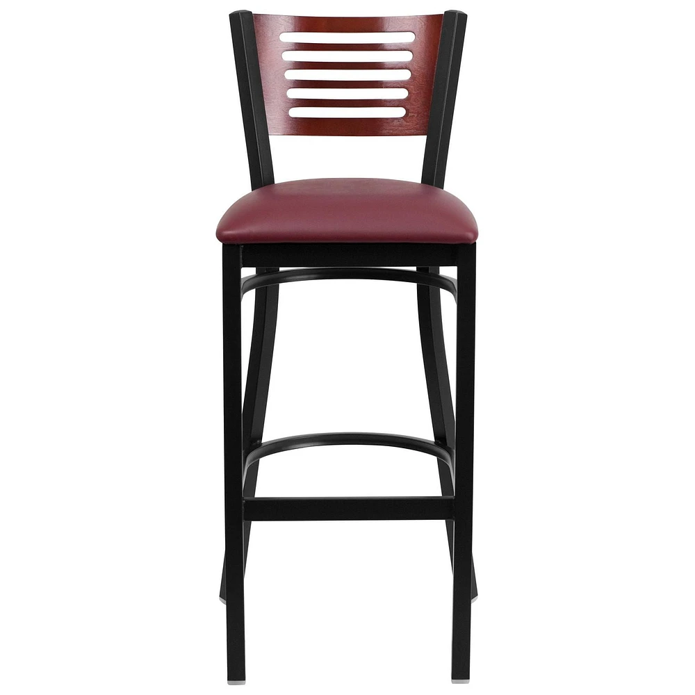 HERCULES Series Black Slat Back Metal Restaurant Barstool - Mahogany Wood Back, Burgundy Vinyl Seat