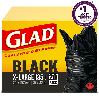 Glad Black Garbage Bags - Extra-Large 135 Litres -, 20 Trash Bags