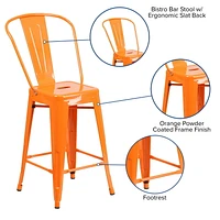 24'' High Orange Metal Indoor-Outdoor Counter Height Stool with Back