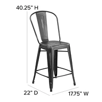 24'' High Distressed Metal Indoor-Outdoor Counter Height Stool with Back