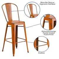 30'' High Distressed Orange Metal Indoor-Outdoor Barstool with Back