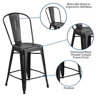 24'' High Distressed Metal Indoor-Outdoor Counter Height Stool with Back