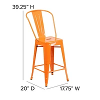 24'' High Orange Metal Indoor-Outdoor Counter Height Stool with Back