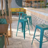 30'' High Backless Distressed Kelly Blue-Teal Metal Indoor-Outdoor Barstool