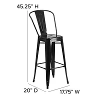 30'' High Black Metal Indoor-Outdoor Barstool with Back