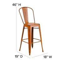 30'' High Distressed Orange Metal Indoor-Outdoor Barstool with Back