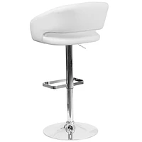 Contemporary White Vinyl Adjustable Height Barstool with Rounded Mid-Back and Chrome Base