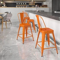 24'' High Orange Metal Indoor-Outdoor Counter Height Stool with Back