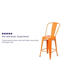 24'' High Orange Metal Indoor-Outdoor Counter Height Stool with Back