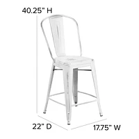 24'' High Distressed White Metal Indoor-Outdoor Counter Height Stool with Back