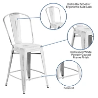 24'' High Distressed White Metal Indoor-Outdoor Counter Height Stool with Back