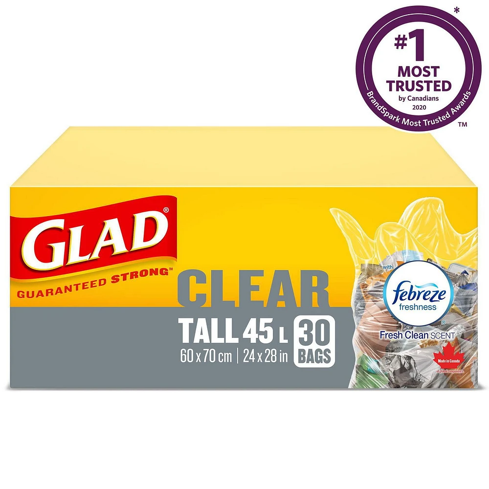 Glad Clear Garbage Bags - Tall 45 Litres - Febreze Fresh Clean Scent,, 30 Bags