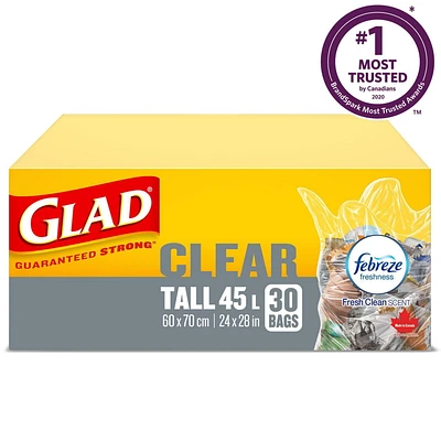 Glad Clear Garbage Bags - Tall 45 Litres - Febreze Fresh Clean Scent,, 30 Bags