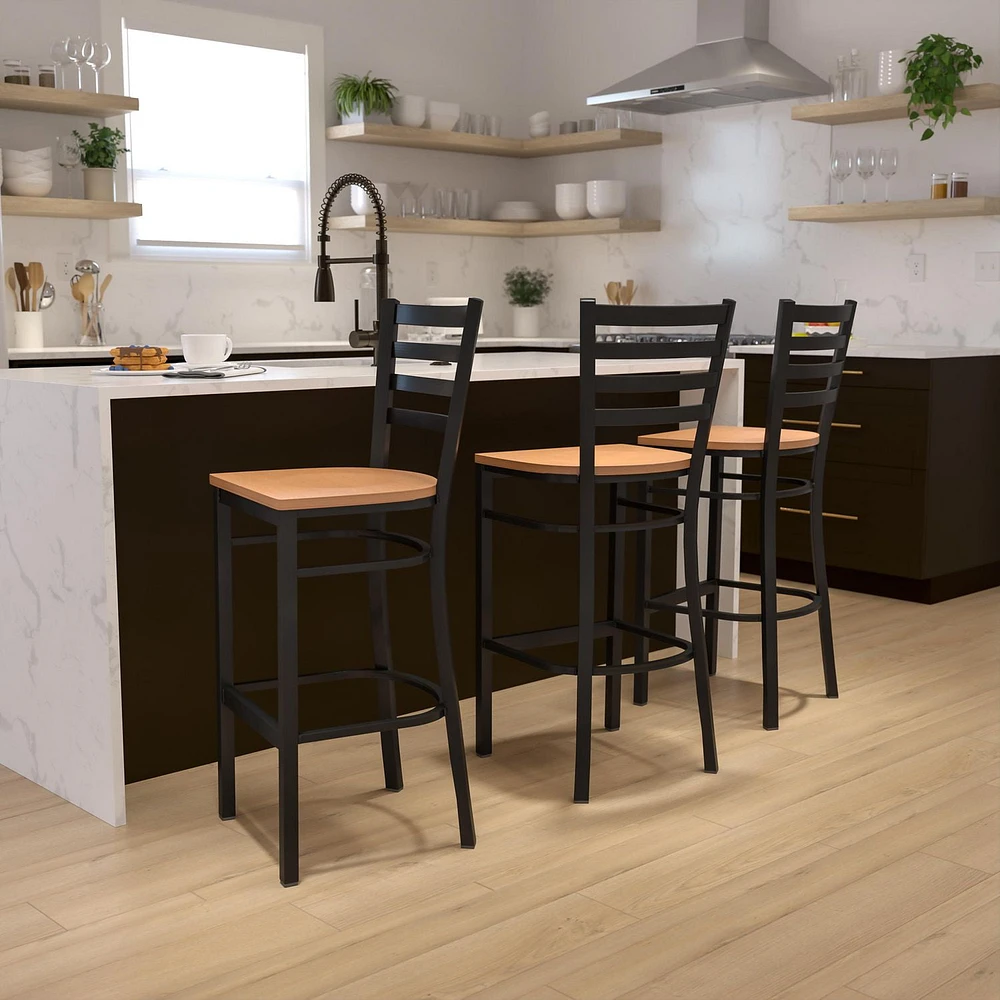 HERCULES Series Black Ladder Back Metal Restaurant Barstool - Natural Wood Seat