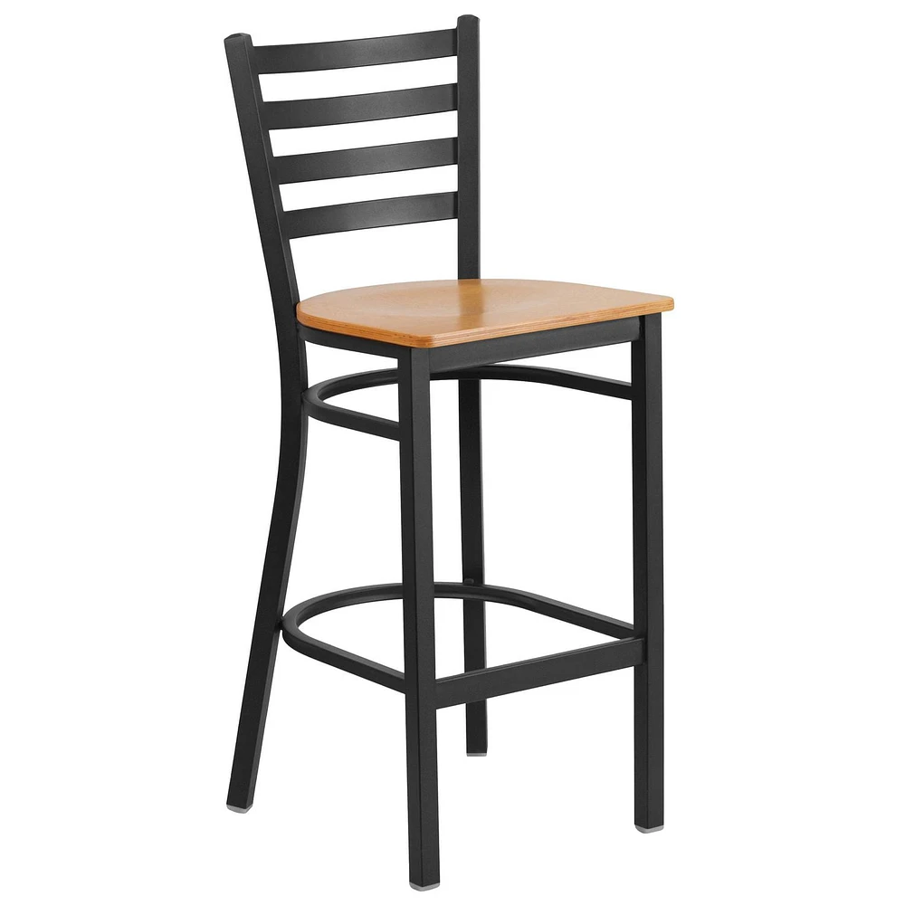 HERCULES Series Black Ladder Back Metal Restaurant Barstool - Natural Wood Seat