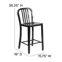 24'' High Black Metal Indoor-Outdoor Counter Height Stool with Vertical Slat Back