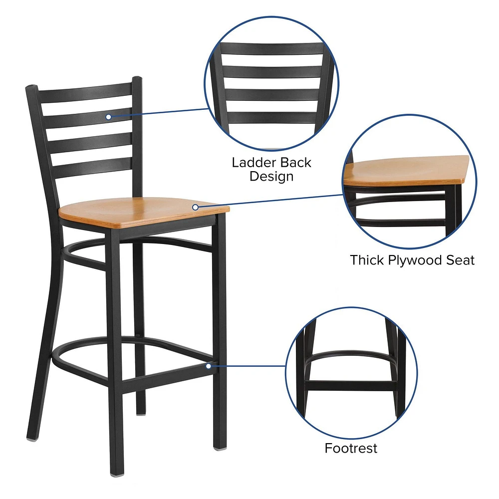 HERCULES Series Black Ladder Back Metal Restaurant Barstool - Natural Wood Seat