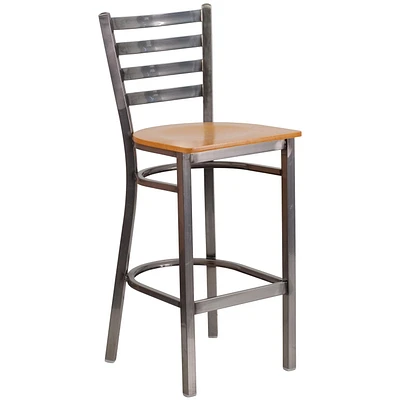 HERCULES Series Clear Coated Ladder Back Metal Restaurant Barstool - Natural Wood Seat