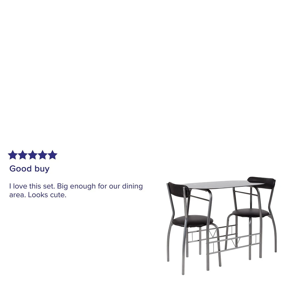 Sutton 3 Piece Space-Saver Bistro Set with Black Glass Top Table and Black Vinyl Padded Chairs