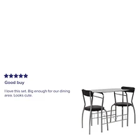 Sutton 3 Piece Space-Saver Bistro Set with Black Glass Top Table and Black Vinyl Padded Chairs