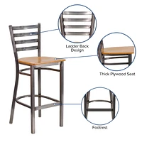 HERCULES Series Clear Coated Ladder Back Metal Restaurant Barstool - Natural Wood Seat