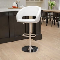 Contemporary White Vinyl Adjustable Height Barstool with Rounded Mid-Back and Chrome Base