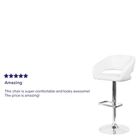 Contemporary White Vinyl Adjustable Height Barstool with Rounded Mid-Back and Chrome Base