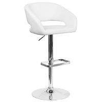 Contemporary White Vinyl Adjustable Height Barstool with Rounded Mid-Back and Chrome Base