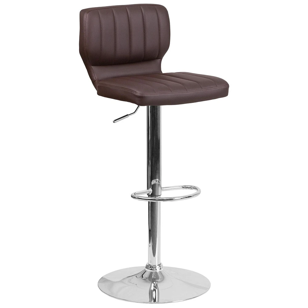 Contemporary Black Vinyl Adjustable Height Barstool with Vertical Stitch Back and Chrome Base