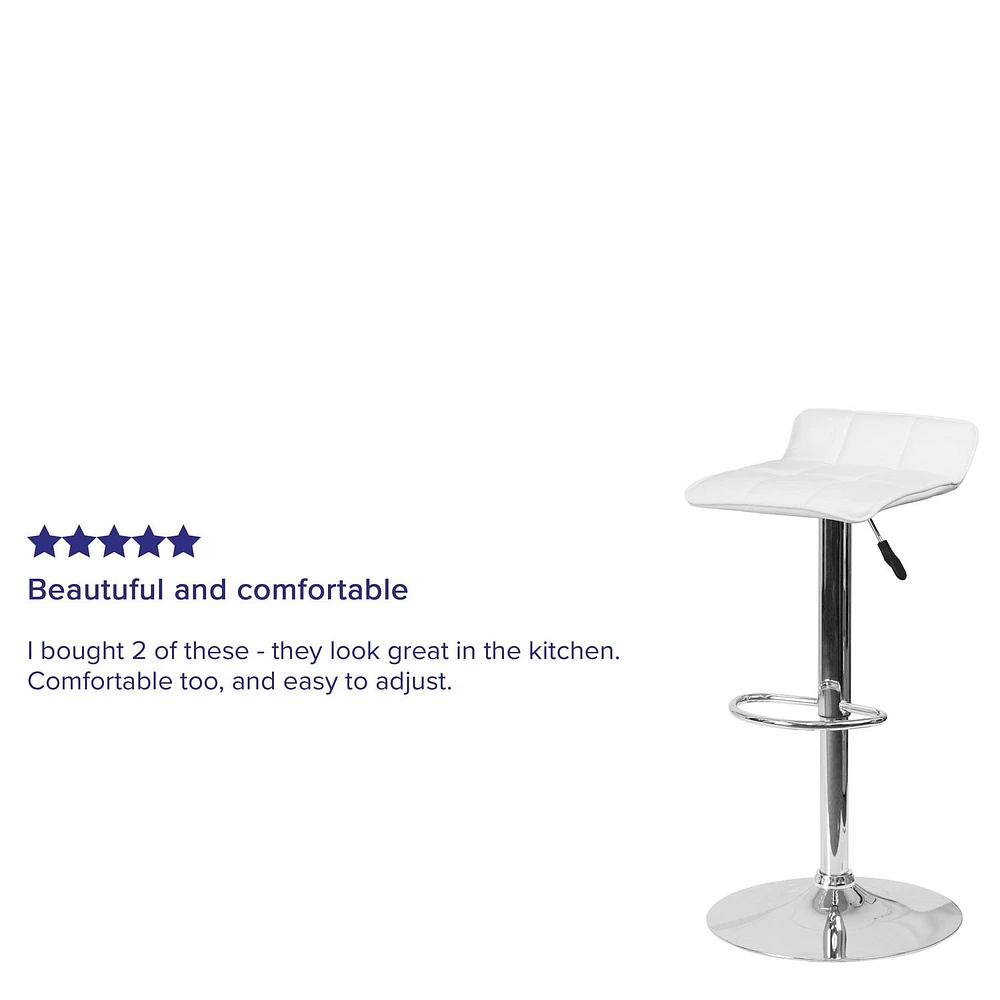 Contemporary White Vinyl Adjustable Height Barstool with Quilted Wave Seat and Chrome Base