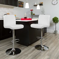 Contemporary White Vinyl Adjustable Height Barstool with Rolled Seat and Chrome Base