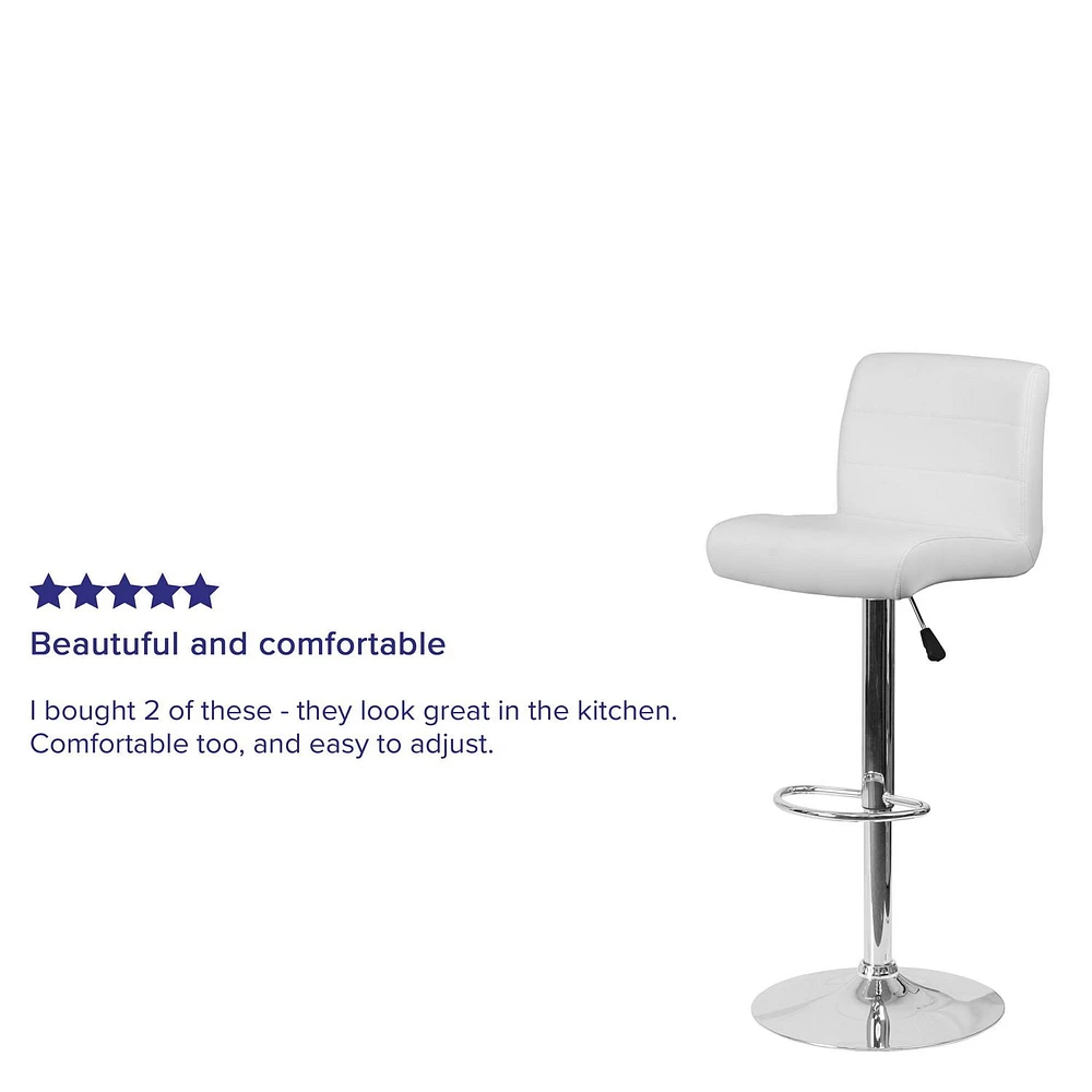 Contemporary White Vinyl Adjustable Height Barstool with Rolled Seat and Chrome Base