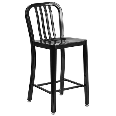 24'' High Black Metal Indoor-Outdoor Counter Height Stool with Vertical Slat Back