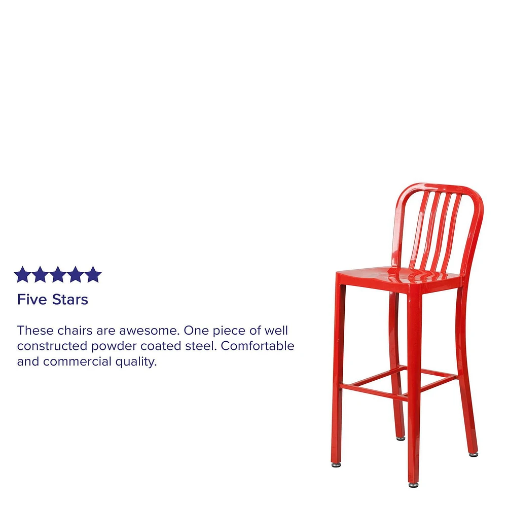 30'' High Red Metal Indoor-Outdoor Barstool with Vertical Slat Back