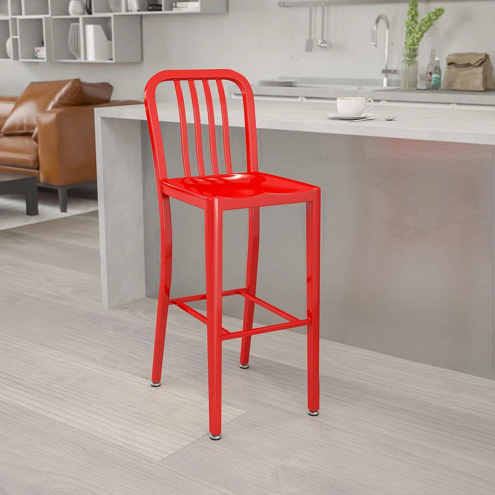 30'' High Red Metal Indoor-Outdoor Barstool with Vertical Slat Back