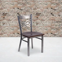 HERCULES Series Clear Coated ''X'' Back Metal Restaurant Chair - Burgundy Vinyl Seat