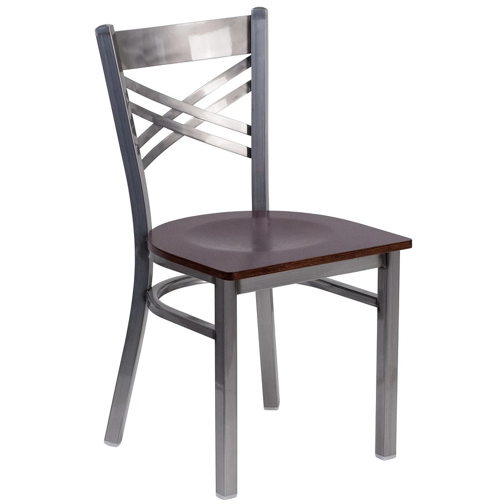 HERCULES Series Clear Coated ''X'' Back Metal Restaurant Chair - Burgundy Vinyl Seat