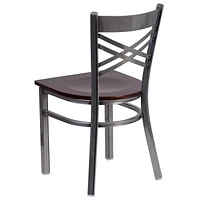 HERCULES Series Clear Coated ''X'' Back Metal Restaurant Chair - Burgundy Vinyl Seat