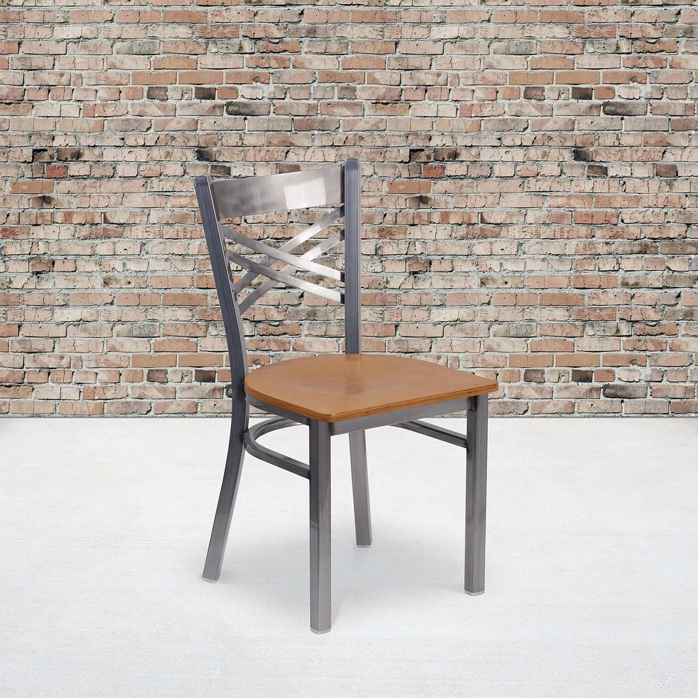 HERCULES Series Clear Coated ''X'' Back Metal Restaurant Chair - Natural Wood Seat