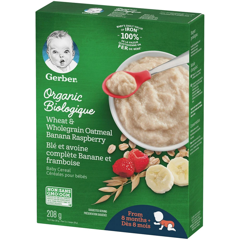 GERBER® Organic Wheat & Wholegrain Oatmeal Banana Raspberry Cereal 208 g, 208 GR