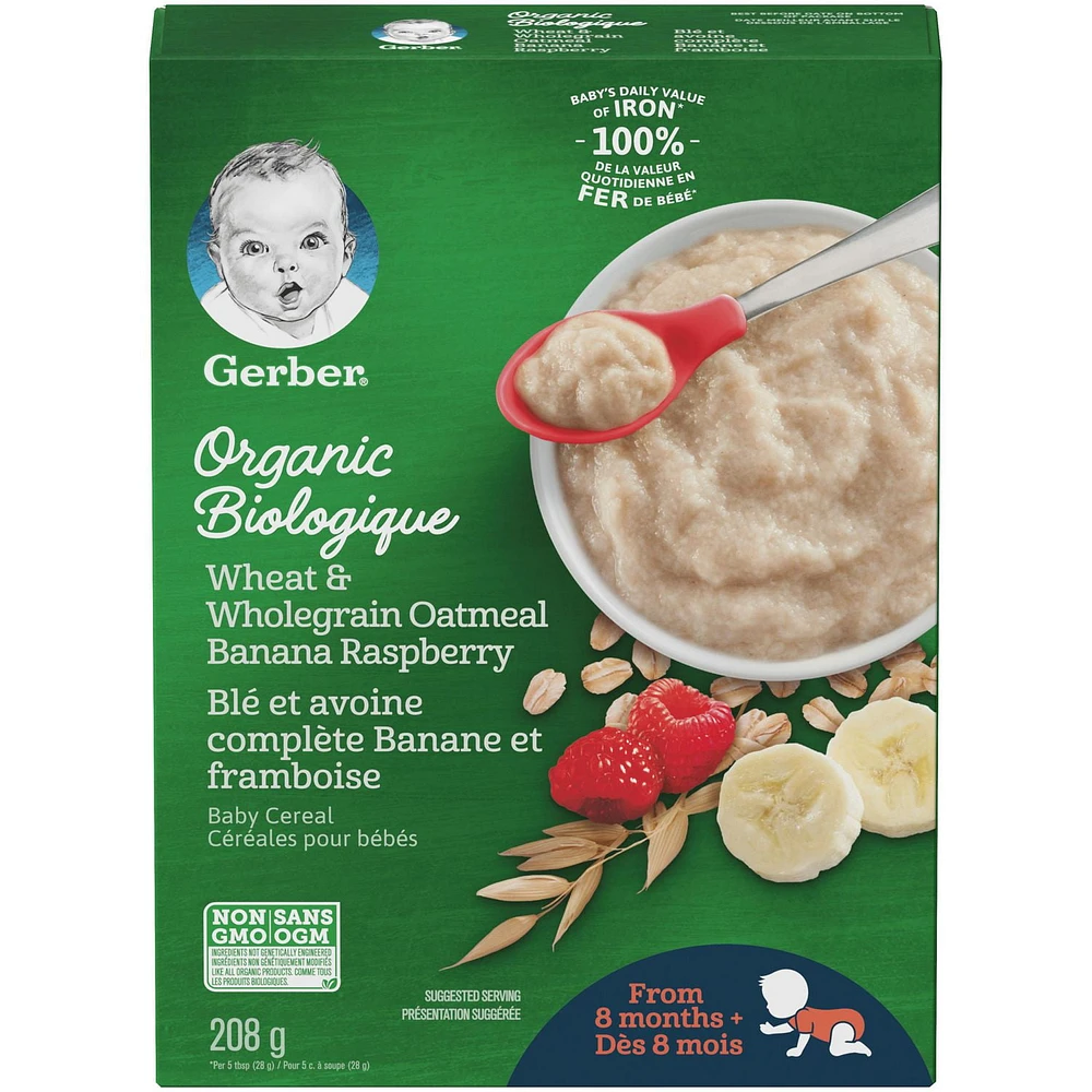 GERBER® Organic Wheat & Wholegrain Oatmeal Banana Raspberry Cereal 208 g, 208 GR