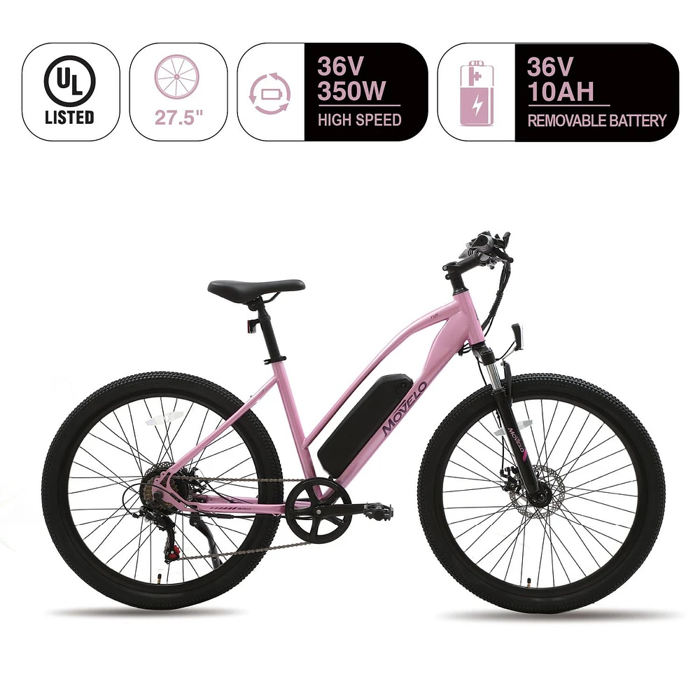 Movelo Electric Bicycle UL2849 certificated with 350W powerful motor&360Wh Removable Battery 27.5" Women mountain e-bike - Pink/Purple