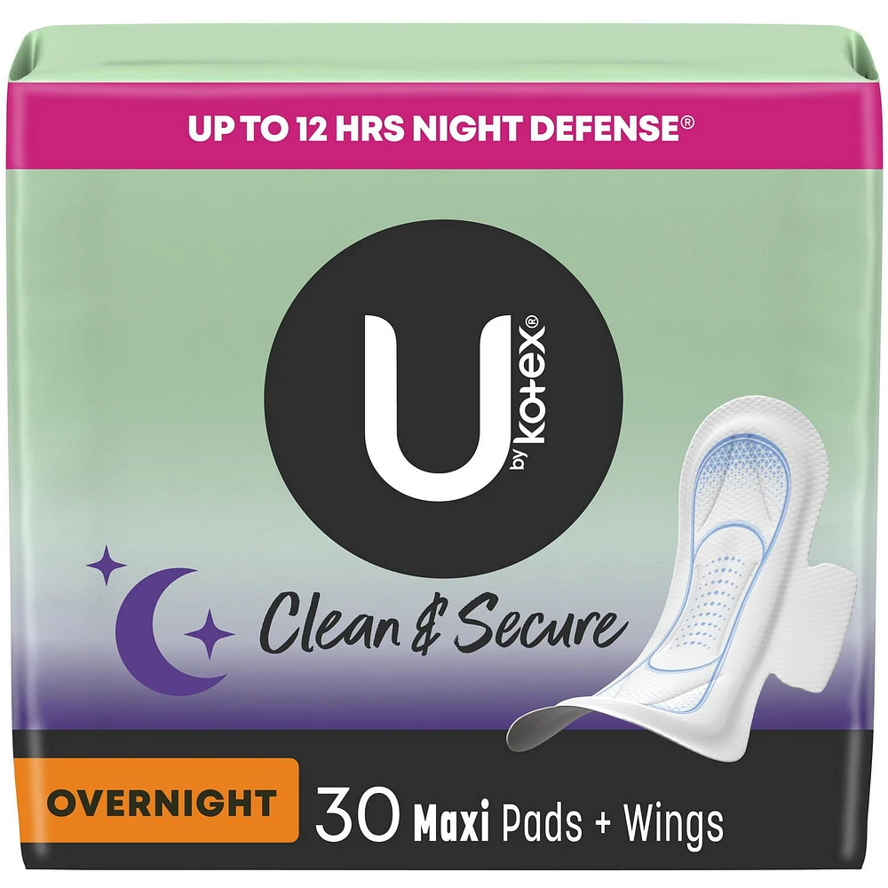 U by Kotex Clean & Secure Overnight Maxi Pads with Wings, 30 Count, UBK PAD 30